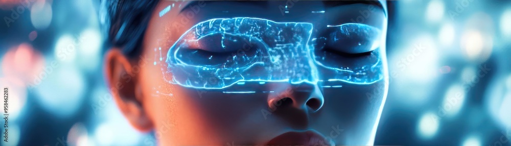 Poster futuristic close-up image of a person with a glowing digital overlay on the face, representing techn