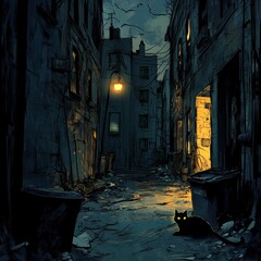 Obraz premium A spooky Halloween illustration showing a dark alleyway lit only by a single flickering streetlight. The alley is narrow and lined with old, crumbling buildings, their windows dark and empty. Trash