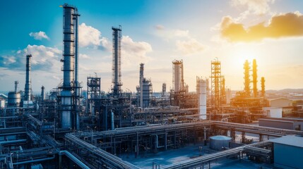Obraz premium Aerial view of oil refinery and industrial infrastructure showcasing its vast industrial structures