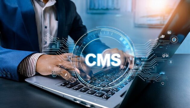 CMS - Content management system concept, .Businessman using laptop to management cms software for publishing content. Blog promotion, data administration and website optimization concept.