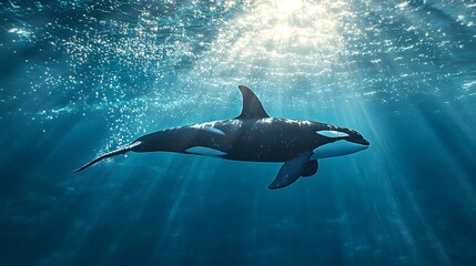 Majestic orca swimming in bright light blue ocean, underwater photography, sunbeams penetrating water surface, air bubbles, clear visibility, graceful marine mammal.