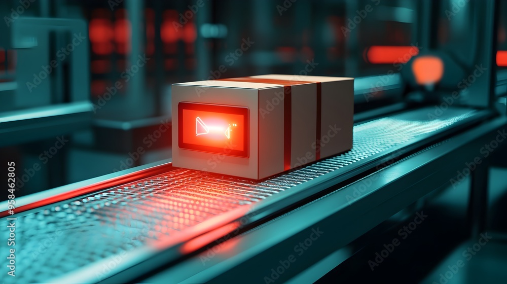 Poster the image shows a shipping box being transported on a moving conveyor belt. the box is part of a log