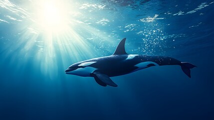 Majestic orca swimming in bright light blue ocean, underwater photography, sunbeams penetrating water surface, air bubbles, clear visibility, graceful marine mammal.