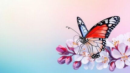Obraz premium Balanced butterfly on a delicate flower, serene moment, watercolor style