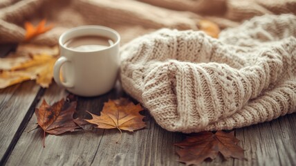 Cozy autumn scene with a folded chunky knit sweater on a wooden table, warm tones and autumn leaves creating a rustic, inviting atmosphere. Autumn clothing