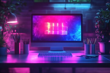 A modern computer desk with a desktop screen displaying colorful futuristic neon lights in a dark room.