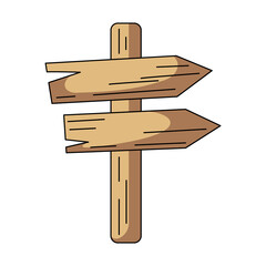 Wooden direction sign with arrow, colorful icon. Summer holiday and vacation, camping. Flat outline icon, color illustration. For logo, sticker, coloring book, label