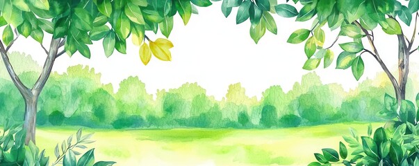 Fototapeta premium Lush green forest, dappled sunlight through leaves, serene atmosphere, watercolor style