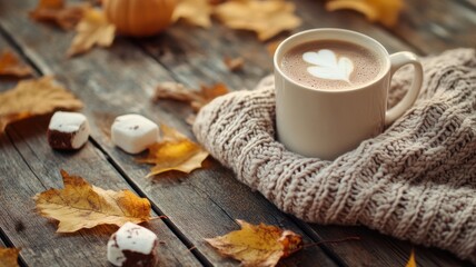 Chunky knit sweater neatly folded on a wooden table, hot cocoa and autumn leaves scattered around, cozy and warm fall setting. Autumn clothing