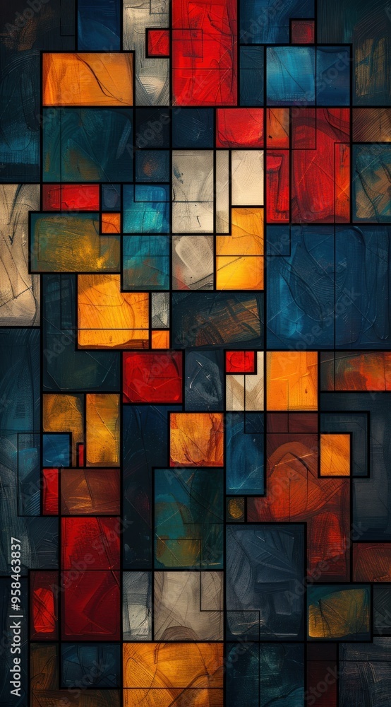 Poster background with a geometric pattern of squares and stripes in various colors