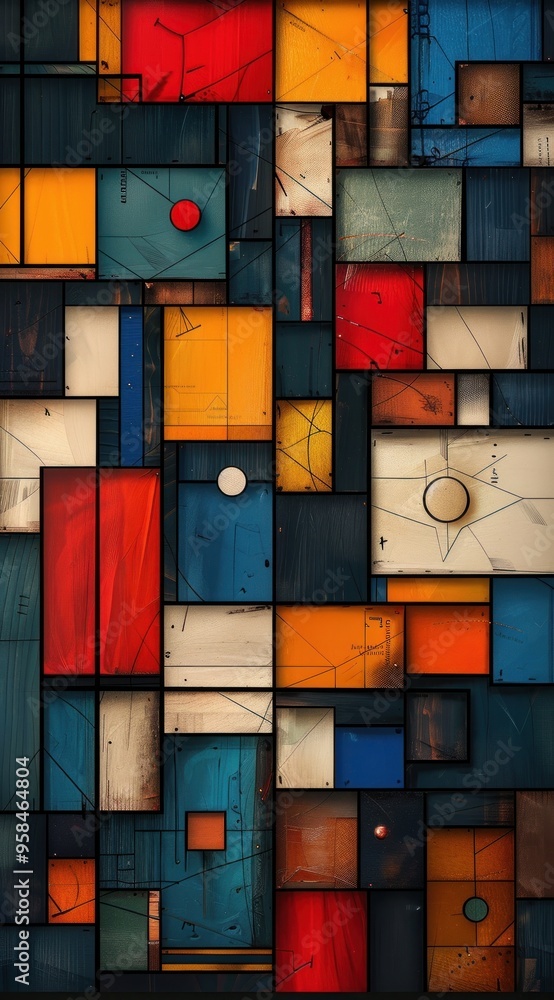 Poster background with a geometric pattern of squares and stripes in various colors