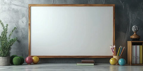 Modern home office desk with a blank whiteboard for adding your own content is surrounded by plants and office supplies