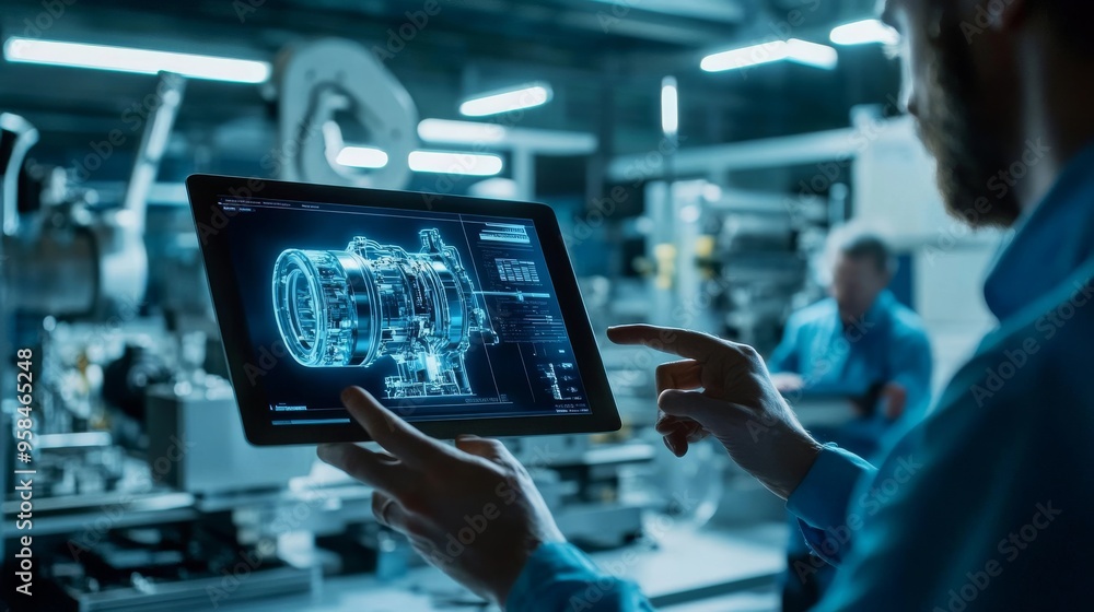 Aufkleber an augmented reality model of an electric generator sits on top of the chief engineer developer's ta