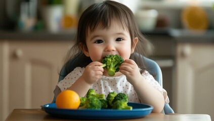 A cute little girl is eating broccoli and an orange on a table in the kitchen, sitting in a high...