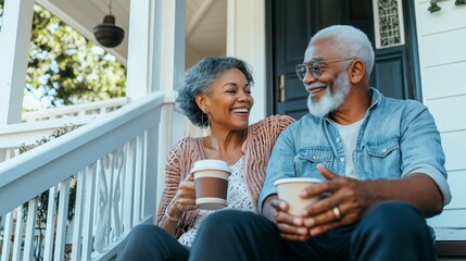 Joyful older couple enjoying coffee together on a sunny porch in the afternoon breeze, sharing smiles and laughter