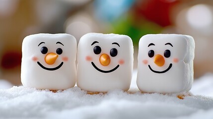 Fototapeta premium Three snowmen with big smiles on their faces. They are made of marshmallows and are sitting on top of a snowy surface