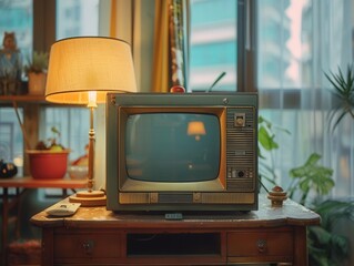 Vintage television set on a rustic table beside a warm lamp in a cozy indoor space