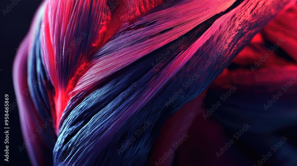 Poster a close-up view of vibrant and textured colorful strands, illustrating the interplay of light and sh