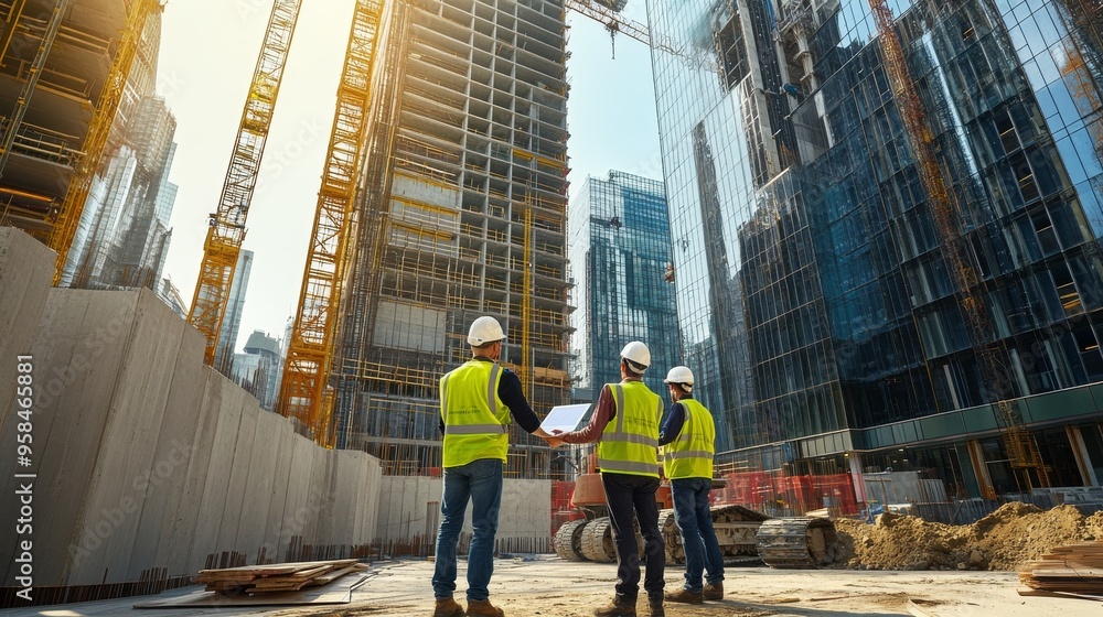 Poster construction site with architect, investor, and workers executing industrial building development us