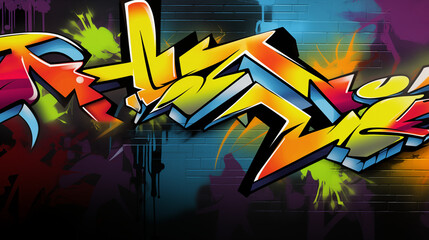 Bright Graffiti Tag with Dynamic Neon Colors on a Black Brick Wall