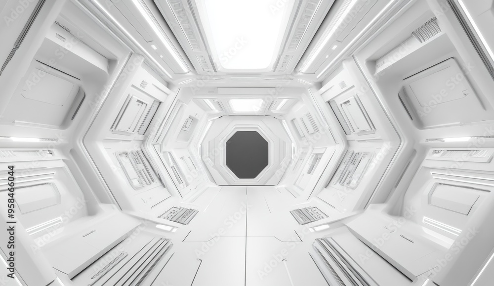 Poster three-dimensional rendering of the texture of the space city in a futuristic white background.