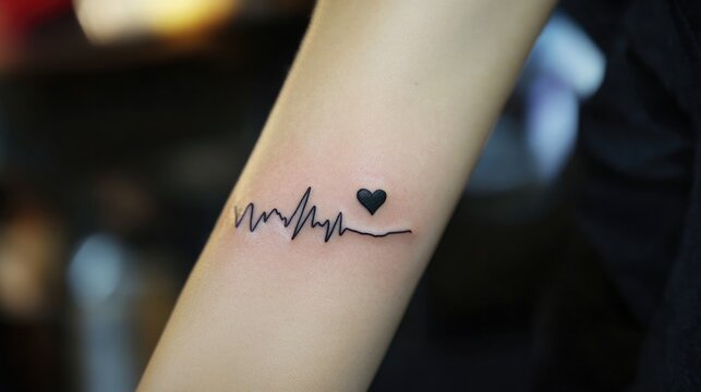 A close-up of a heartbeat tattoo on a wrist with a tiny heart symbol