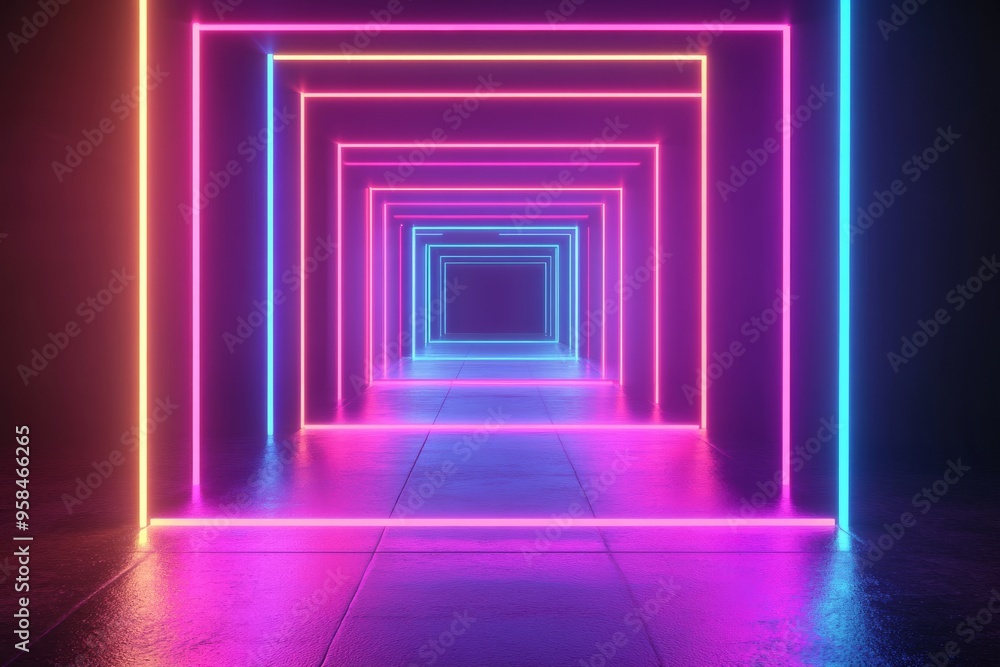 Poster using generative ai, a futuristic tunnel with neon lights is created in an abstract style