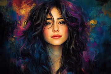 Fototapeta premium This is a colorful abstract illustration of a woman's face, she has blue eyes. Created using Stock technology