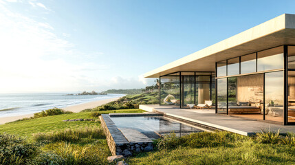 Fototapeta premium Modern beachfront house with large glass windows, infinity pool, and stunning ocean view surrounded by greenery and nature