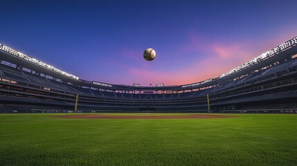 A baseball soars high in the air as the stadium stands majestically in the background, its lights illuminating the evening sky. The diamond is empty, but the memories 
