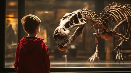 Fototapeta premium A young boy in a red hoodie stands in awe in front of a dinosaur skeleton, his face lit with wonder and fascination.