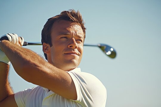 Close-up of a male golfer executing the perfect golf swing under a clear blue sky, showcasing precision, focus, and expertise in the sport of golf.
