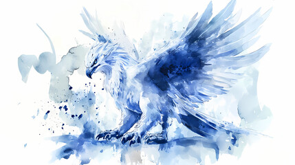 Crystal gryphon watercolor illustration - generative ai. white, blue, gryphon, crystal, wings. Griffin. Illustration
