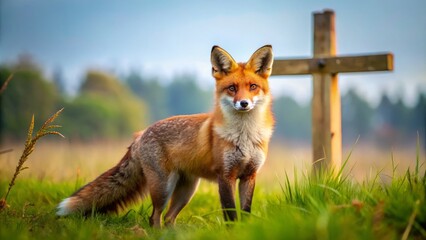 Fototapeta premium A fiery redhead stands tall, surrounded by a serene landscape, with a weathered cross looming in the background,