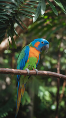 Obraz premium Blue Orange and Green Parrot Resting on Brown Branch 