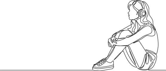continuous single line drawing of teenage girl sitting on floor listening to music using over-ear headphones, line art vector illustration