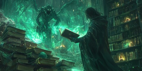 Fototapeta premium A robed figure confronts a monstrous winged beast in a