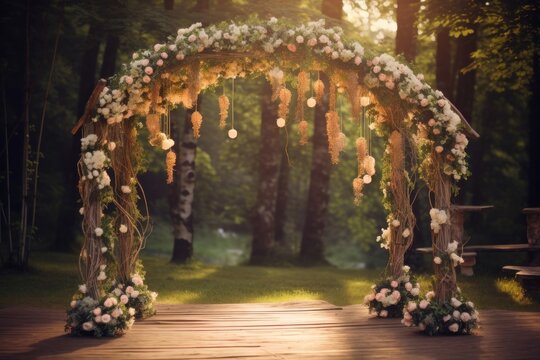 Rustic wooden wedding arch ceremony outdoors nature.