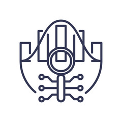 Line art of data analysis with a magnifying glass, bar chart, and circuit lines symbolizing data examination and technology.