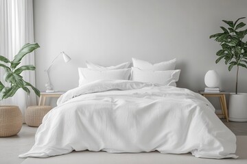 A serene bedroom with a white bedspread, pillows, and indoor plants, promoting relaxation.