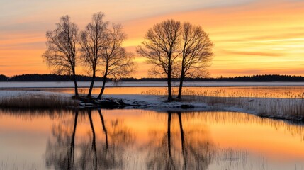 Obraz premium Three bare trees reflecting in a calm lake during a colorful winter sunset - AI Generated Digital Art.