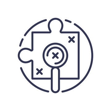 Magnifying glass over puzzle piece symbolizing information gathering and problem-solving.