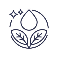 Minimalist icon of a water droplet and leaves symbolizing purity and environmental conservation.