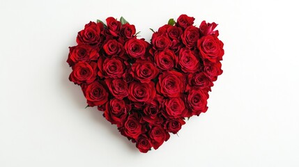 A heart-shaped arrangement of red roses on a white background