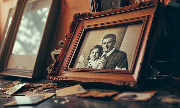 Vintage framed photos and memories on a table