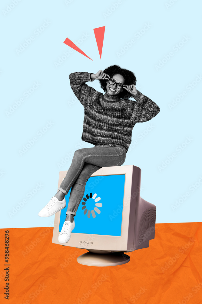 Poster trend artwork sketch image composite collage of monochrome young smart woman geek eyeglasses sit com