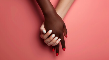 Diverse teamwork unity inclusion hands holding female white red manicure team friendship togetherness equality solidarity peace support peach plain background banner ad diversity women rights female