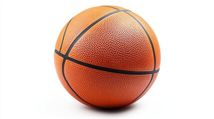 Fototapeta premium A basketball lies isolated on a pure white backdrop, with a defined clipping path and a complete depth of field, allowing for precise editing and placement. The image captures the iconic orange 