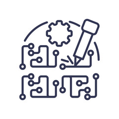 Illustration of circuit board assembly with a gear and a soldering iron, symbolizing electronics manufacturing and engineering.