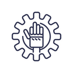 Illustration of a robotic hand inside a gear, symbolizing automation and industrial robotics.